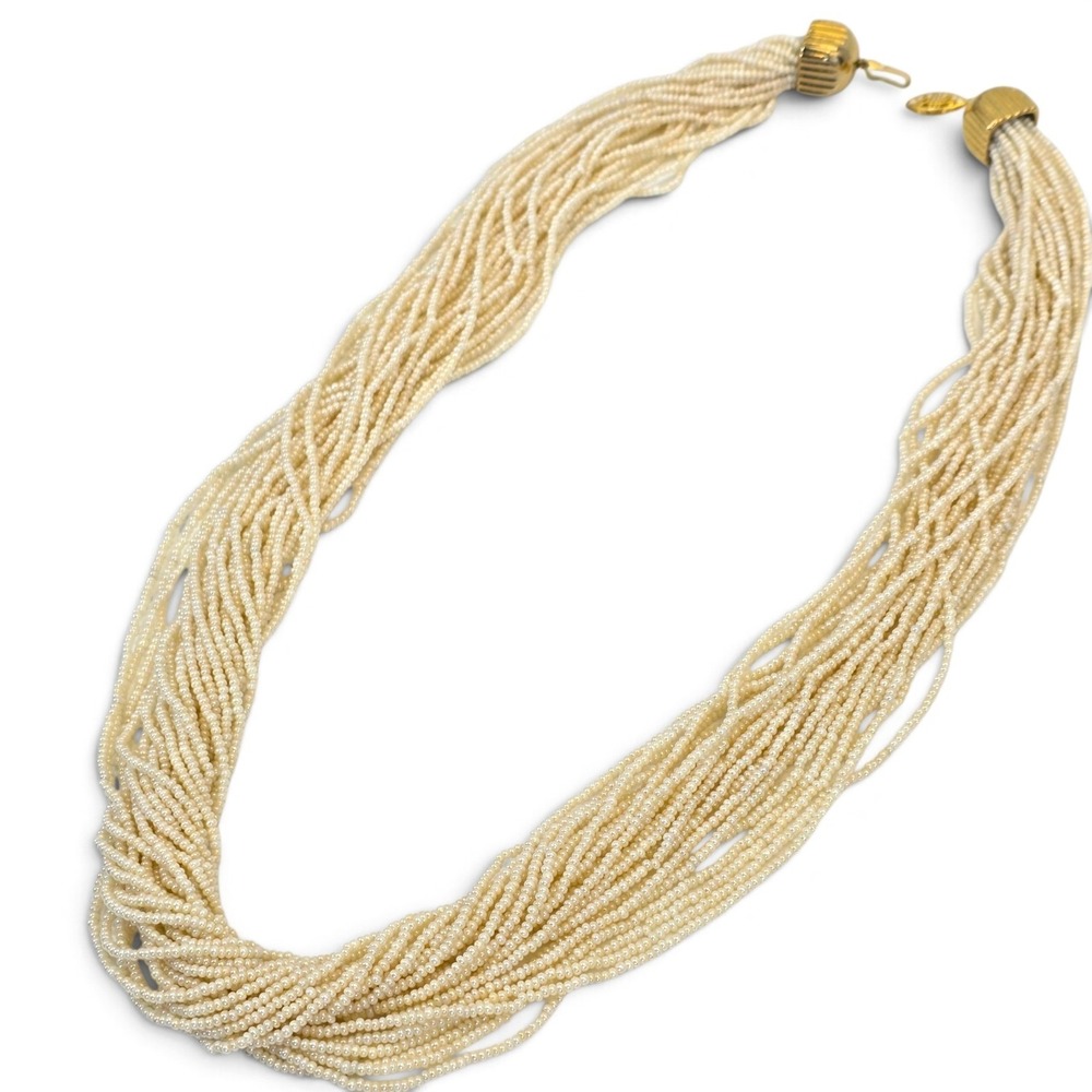 Vintage Multi Strand Seed Pearl Bead Torsade Necklace Gold Tone Clasp
